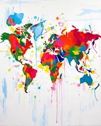 A bold and vibrant acrylic painting presents a captivating world map formed from dynamic and colorful splashes. The artwork i