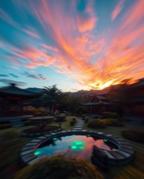 Experience a serene Zen garden at sunset in a dynamic new light. This image captures the scene with artistic motion blur, enh