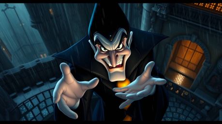 A captivating image of a classic Disney villain, with a cruel smirk and dark eyes, casting a spell within a rain-soaked castl
