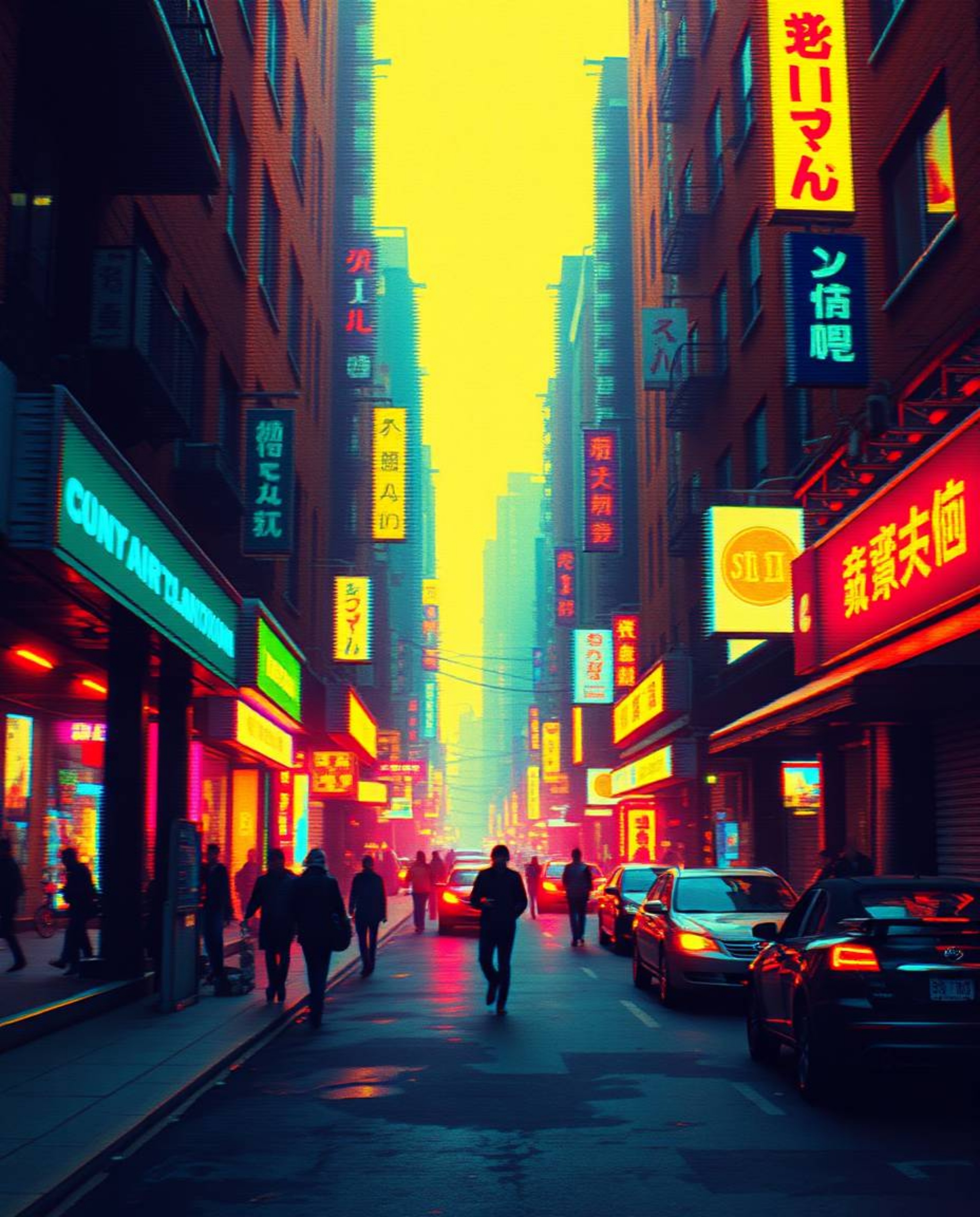 Immerse yourself in a pixelated glitch art representation of a cyberpunk street scene, bathed in a vibrant neon haze with com