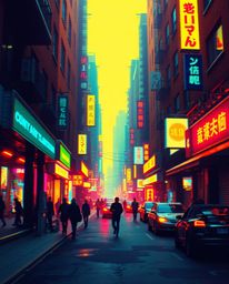 Immerse yourself in a pixelated glitch art representation of a cyberpunk street scene, bathed in a vibrant neon haze with com