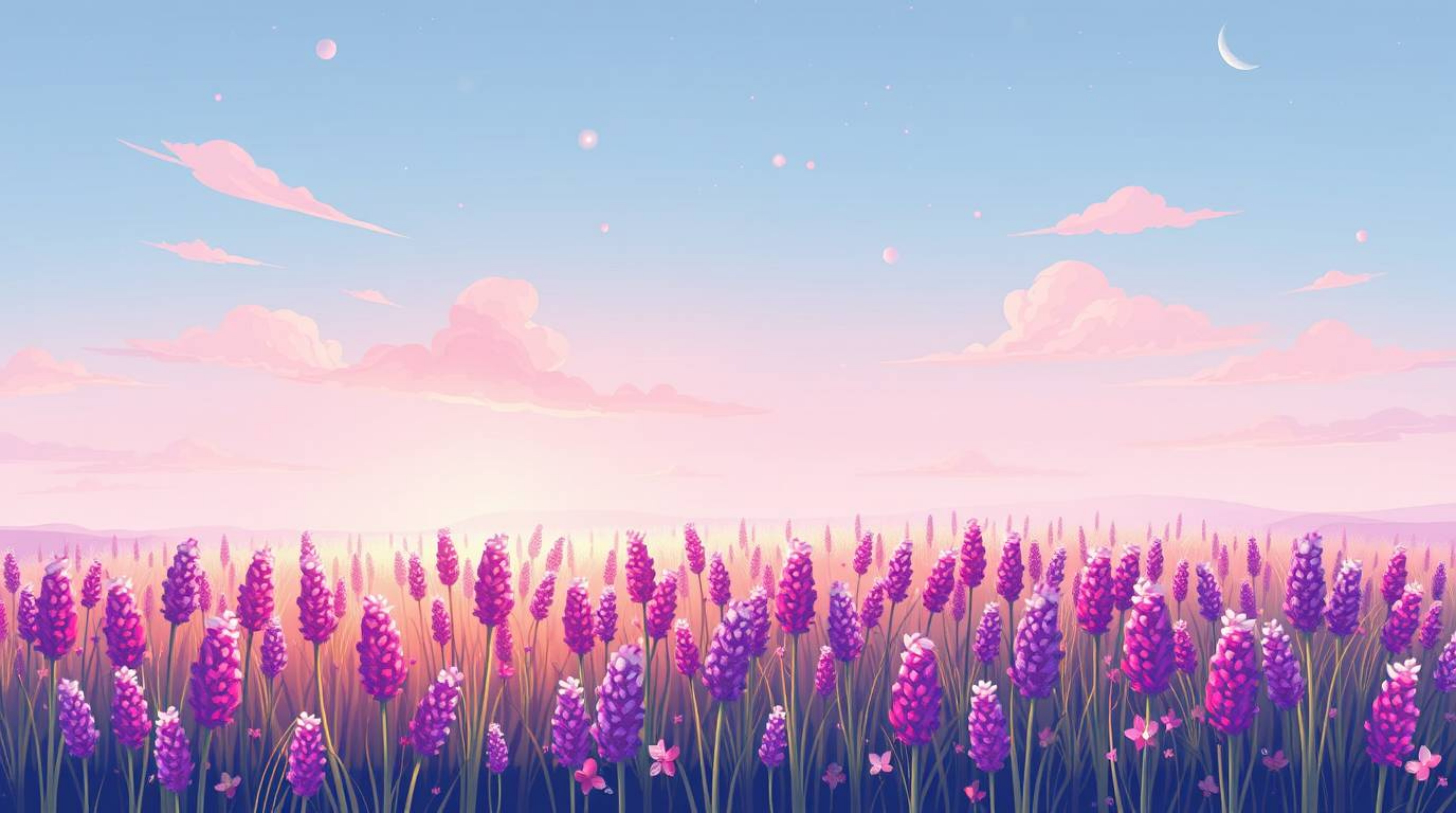 Experience the whimsical allure of a lavender field bathed in the soft glow of a dreamy pink sky. This illustration captures 