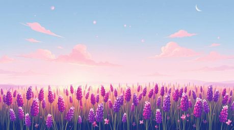 Experience the whimsical allure of a lavender field bathed in the soft glow of a dreamy pink sky. This illustration captures 