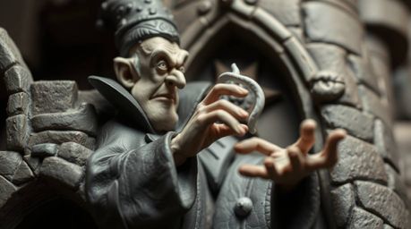 An extreme close-up macro photograph reveals intricate details of a clay sculpture depicting a classic Disney villain casting