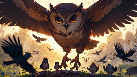 A stunning and poignant visual, created in a beautiful blend of Pixar and anime styles. The silhouette of a wise blind owl is