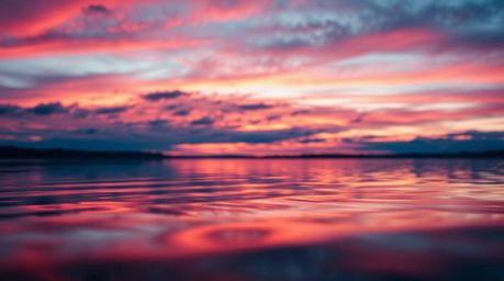 Experience the tranquility of a serene lake mirroring a breathtaking sunset sky, awash in rich burgundy and deep blue hues. T