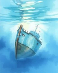 Discover a serene underwater shipwreck scene depicted in delicate watercolor.  This painting features soft pastel colors, tra