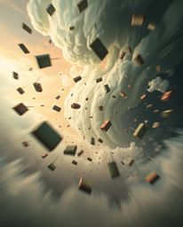 Experience a surreal storm where objects float defying gravity, rendered in a dynamic and energetic style. This captivating a