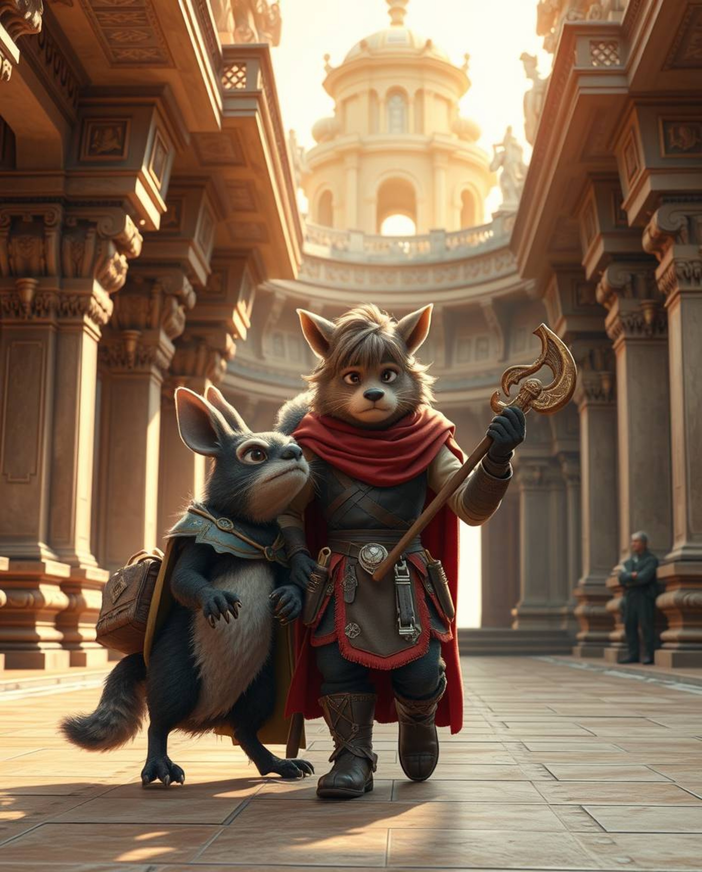 Discover stunning architectural color photography depicting a talking animal sidekick assisting a hero on an epic journey. I