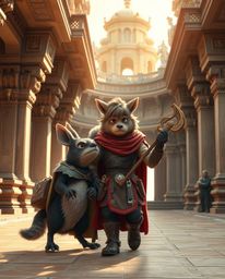 Discover stunning architectural color photography depicting a talking animal sidekick assisting a hero on an epic journey.  I