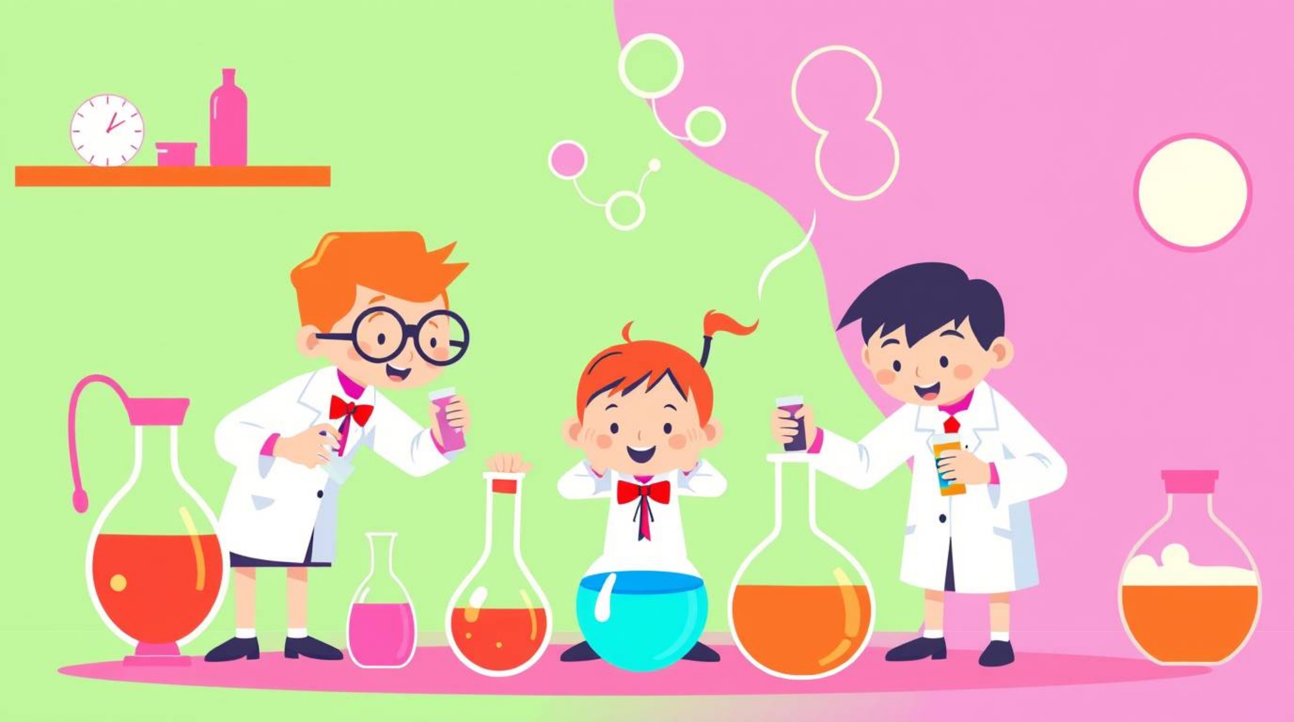 A captivating image showcasing quirky children in school uniforms conducting science experiments.  The modern flat design use
