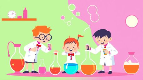 A captivating image showcasing quirky children in school uniforms conducting science experiments.  The modern flat design use