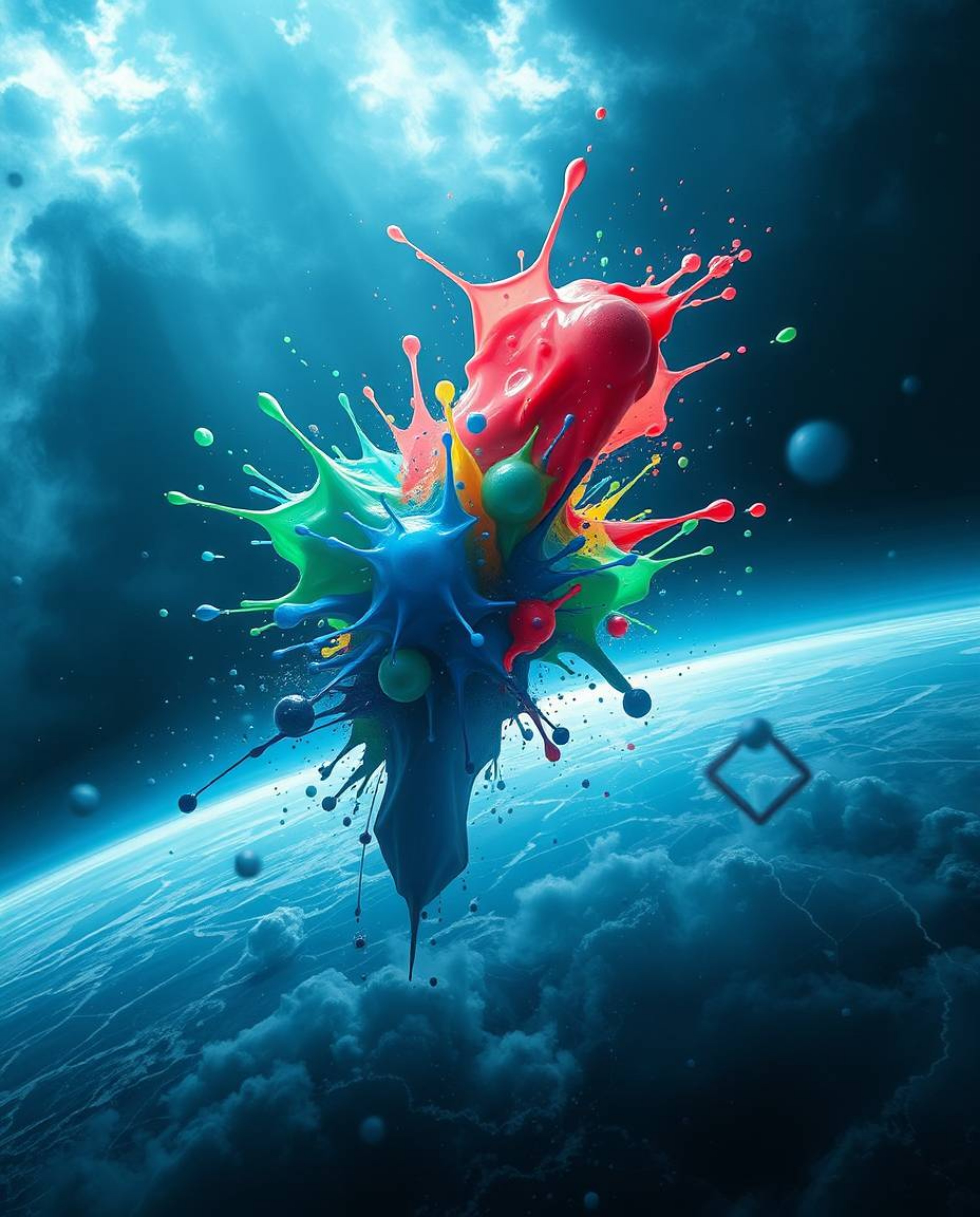 Immerse yourself in dramatic cinematic style with abstract 3D colorful splash shapes floating in space. This surreal digital 
