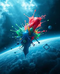 Immerse yourself in dramatic cinematic style with abstract 3D colorful splash shapes floating in space. This surreal digital 