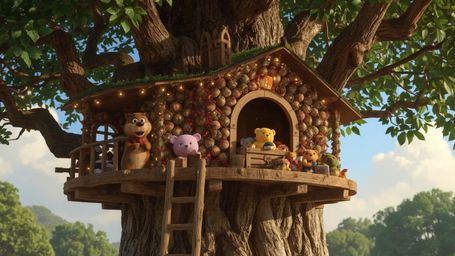 A highly detailed, high-resolution stock photo, reminiscent of Pixar characters, shows a friendly beaver constructing a luxur