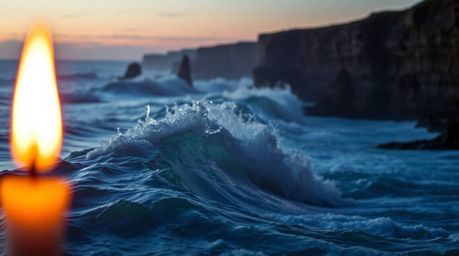 An extreme macro photograph captures the dramatic moment of waves crashing against cliffs at sunset.  Illuminated by the warm