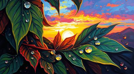 This captivating acrylic painting showcases a bold and vibrant sunset reflected in delicate raindrops clinging to lush green 
