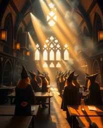 Step into a magical school brimming with young wizards, bathed in the warm, enchanting glow of golden hour.  The soft, hazy l