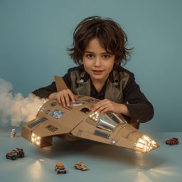 A captivating high-fashion photography piece depicts a boy with bright, curious eyes building an intricately designed cardboa