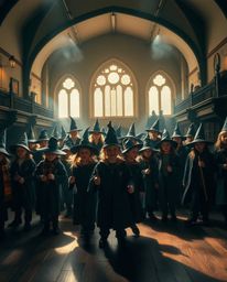 Discover a captivating image of a magical school brimming with young wizards.  This unique photograph features a striking spl