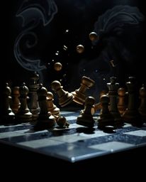 Witness a chessboard frozen in a moment of chaotic destruction, its pieces suspended mid-air. The image is rendered with stri