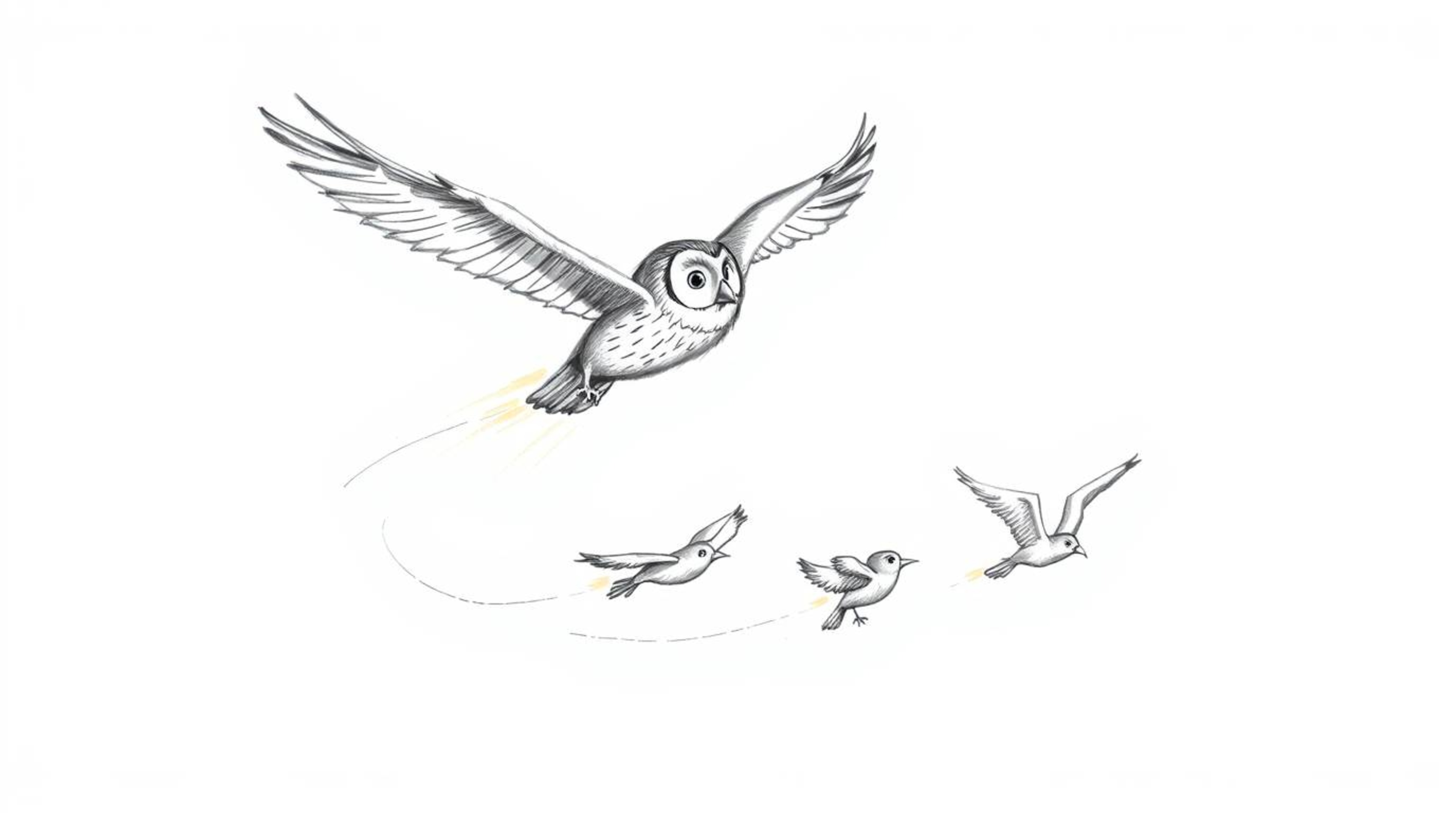 A heartwarming hand-drawn sketch in the style of Pixar portrays a blind owl mid-flight, guiding several birds as they learn t