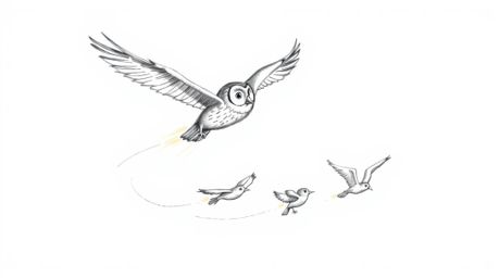 A heartwarming hand-drawn sketch in the style of Pixar portrays a blind owl mid-flight, guiding several birds as they learn t