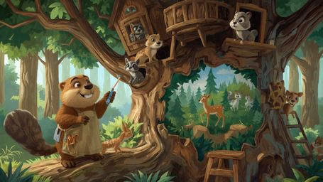 A highly detailed, high-resolution stock photo captures a cheerful, anthropomorphic beaver, dressed in a tiny, tool-belted ap