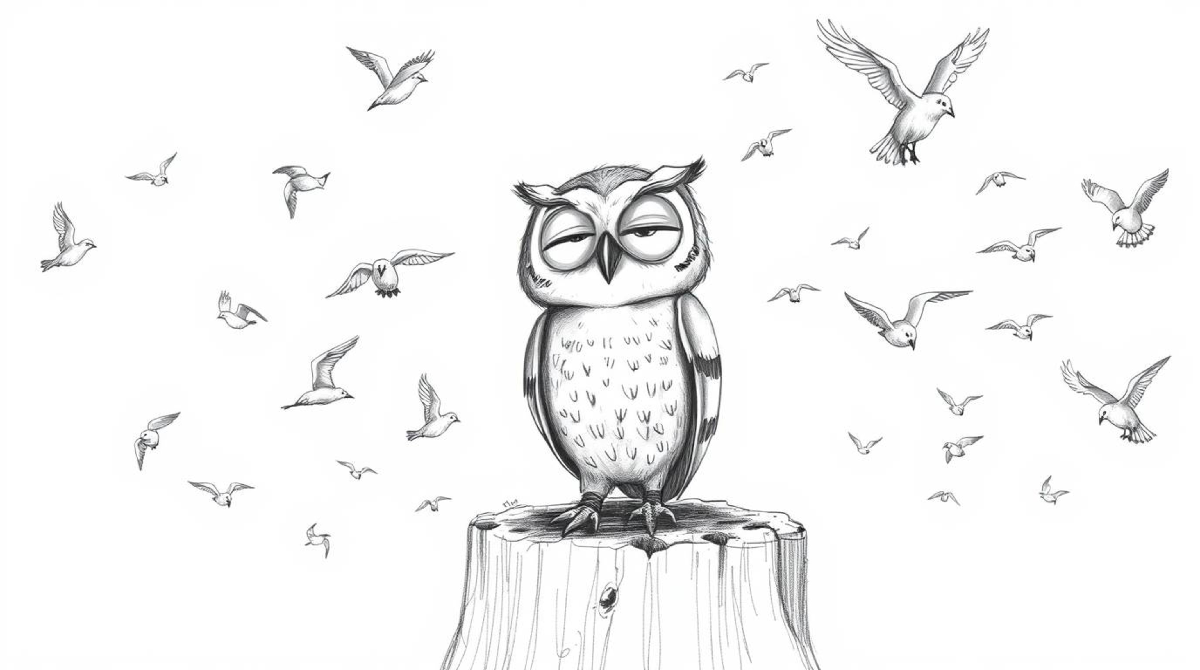 A heart-warming Pixar-style illustration depicting a cheerful, blind owl with detailed wrinkles around its eyes, perched on a