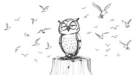 A heart-warming Pixar-style illustration depicting a cheerful, blind owl with detailed wrinkles around its eyes, perched on a