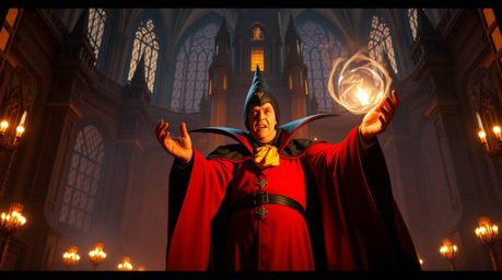 A classic Disney villain is casting a spell within the grand halls of a modern castle. Bathed in warm, epic lens glow lightin