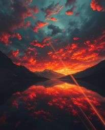 A digital painting depicts a mountain lake reflecting fiery clouds at sunset, creating an eerie and creepy atmosphere. The wa