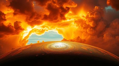 A high contrast photograph capturing the dramatic beauty of thunderstorm clouds illuminated by the warm light of a setting su