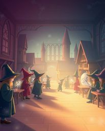 Discover a captivating image of a magical school brimming with young wizards.  The scene is rendered in a smooth gradient tra