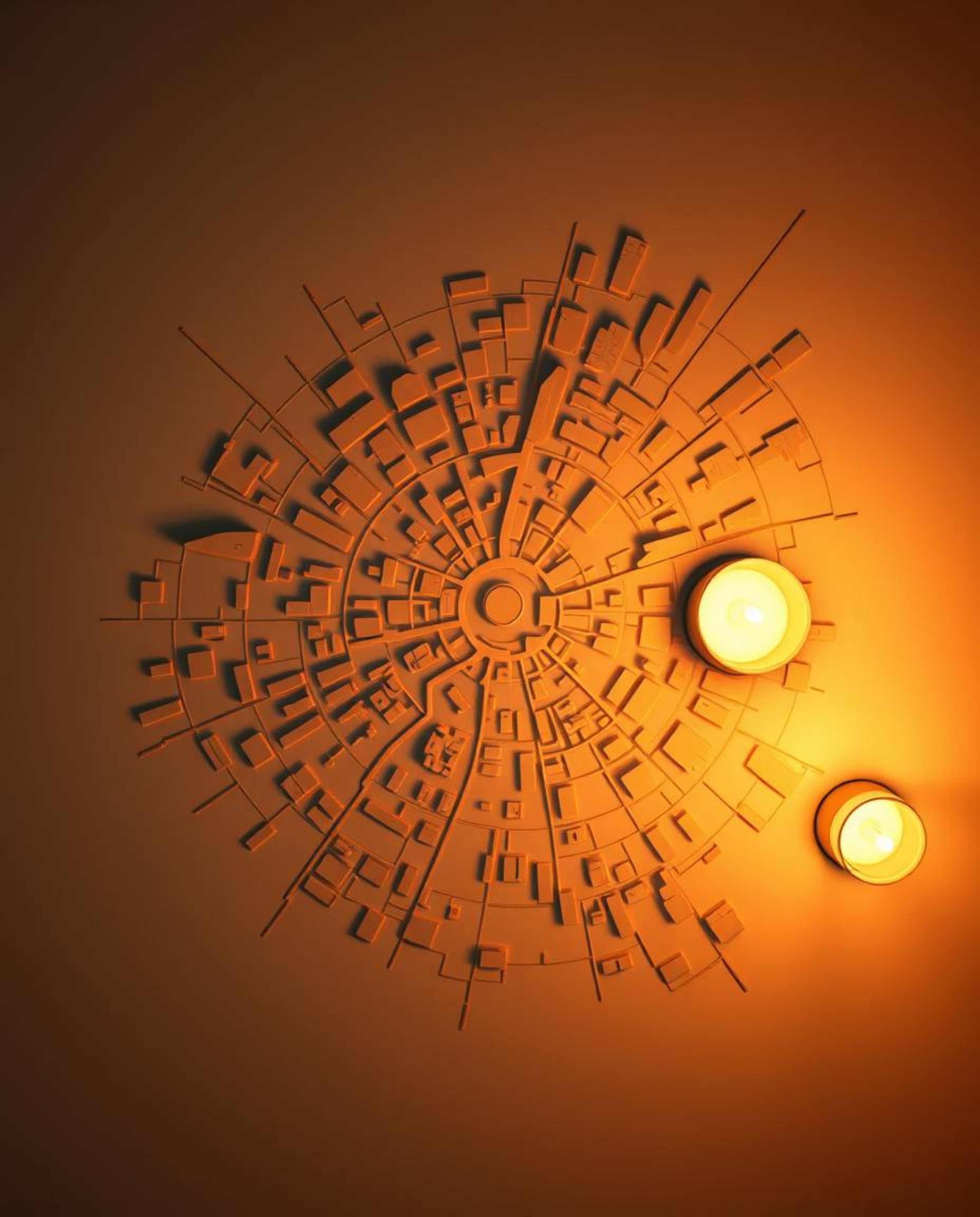 A warm, abstract city map rendered from a bird's-eye view using geometric shapes is bathed in the flickering glow of candleli