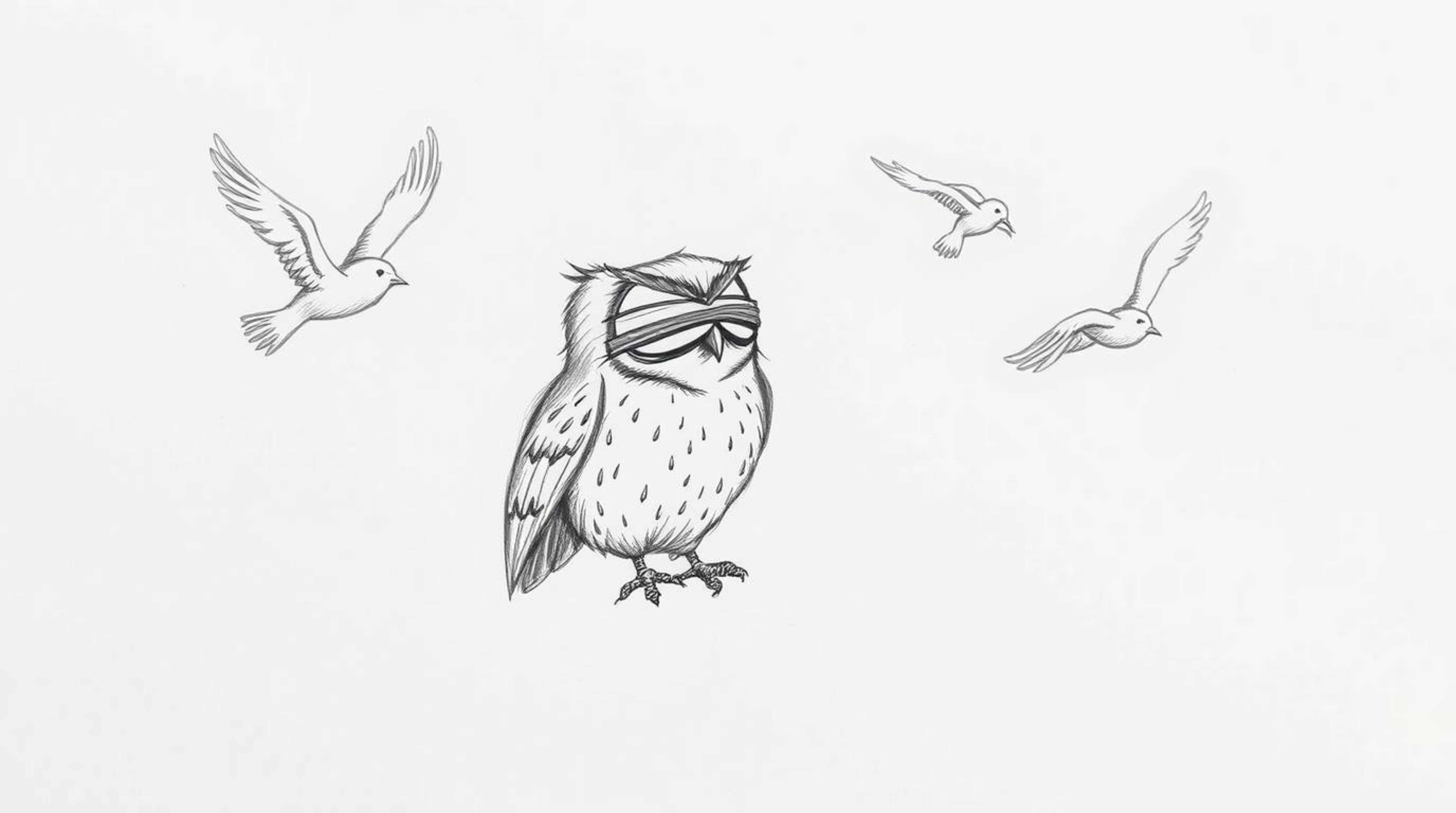 A hand-drawn sketch in a Pixar-esque style depicts a blind owl with a concentrated, wrinkled face, passionately teaching bird