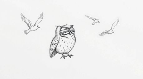 A hand-drawn sketch in a Pixar-esque style depicts a blind owl with a concentrated, wrinkled face, passionately teaching bird