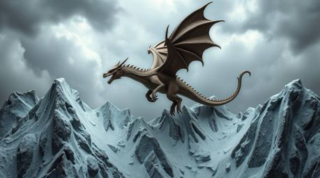 A breathtaking sculpture depicting a dragon and rider soaring above icy mountains under a dramatic, stormy sky.  Modeled in t