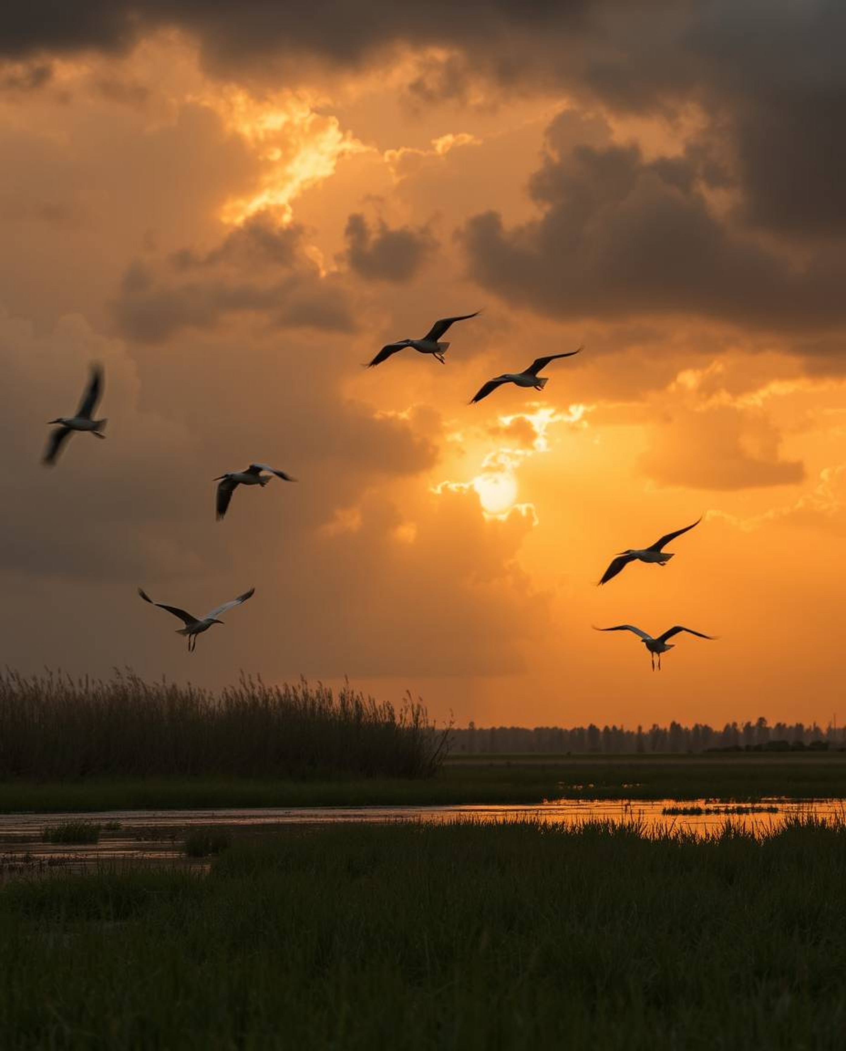 A golden hour wetlands scene is dramatically transformed by the presence of stormy skies and intense, dramatic weather. This 