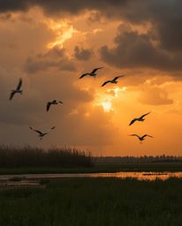 A golden hour wetlands scene is dramatically transformed by the presence of stormy skies and intense, dramatic weather. This 