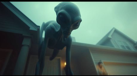 A captivating low-angle perspective image showcasing an imposing alien with dark, piercing eyes residing in a seemingly ordin