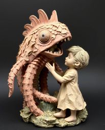 This layered papier-mâché sculpture depicts a whimsical scene of a sea creature making friends with a human child. The artwor