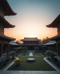 A precise architectural color photograph of a sunset over a serene Zen garden: warm terracotta and cool teal tones, sharp lin
