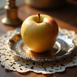 A captivating close-up showcases a perfectly ripe golden apple, its natural sheen amplified by the gentle, warm light of a ca