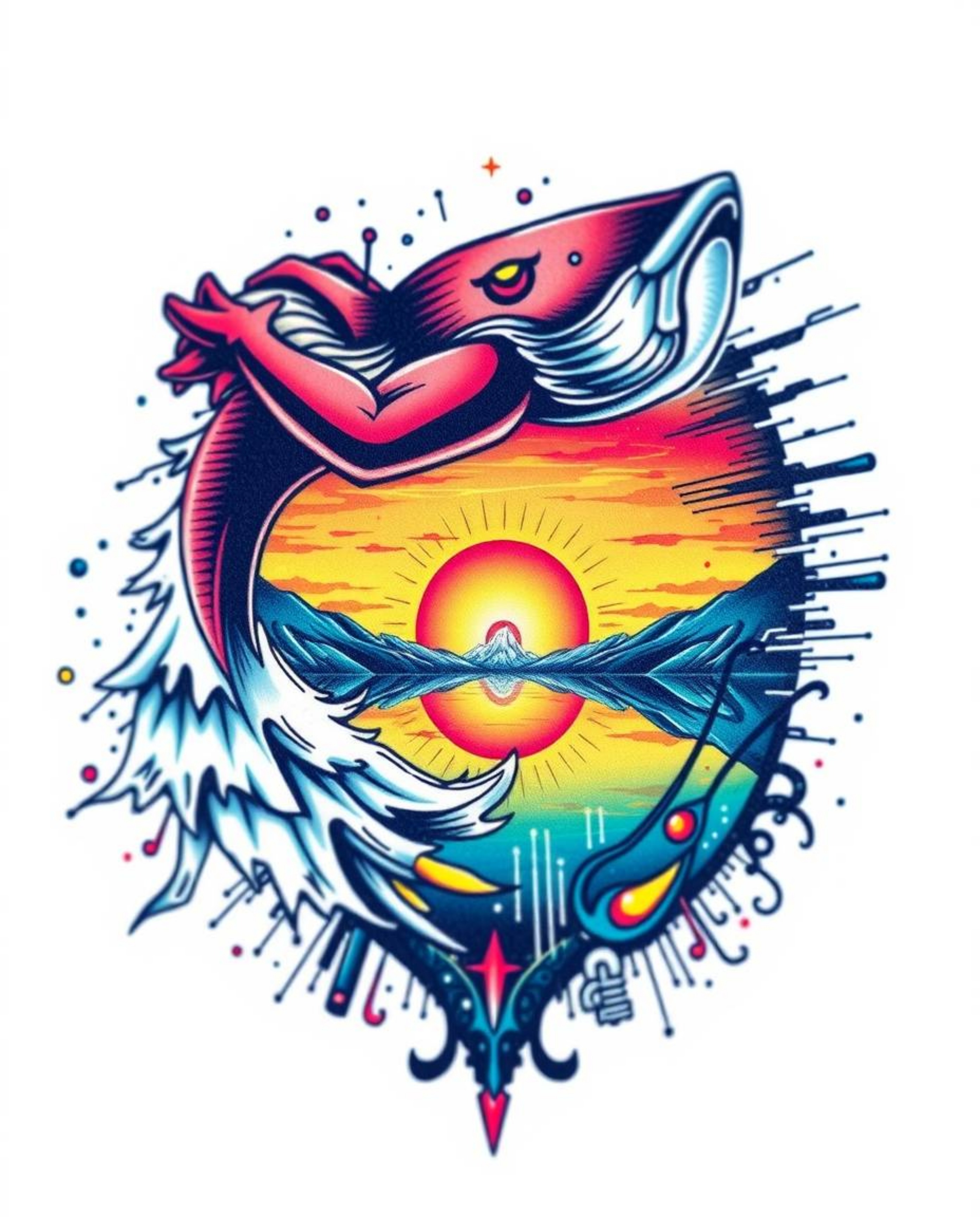 A dynamic, high-motion tattoo art print depicting the reflection of a sunset in a glassy fjord. This piece, set against a cle