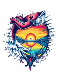 A dynamic, high-motion tattoo art print depicting the reflection of a sunset in a glassy fjord. This piece, set against a cle