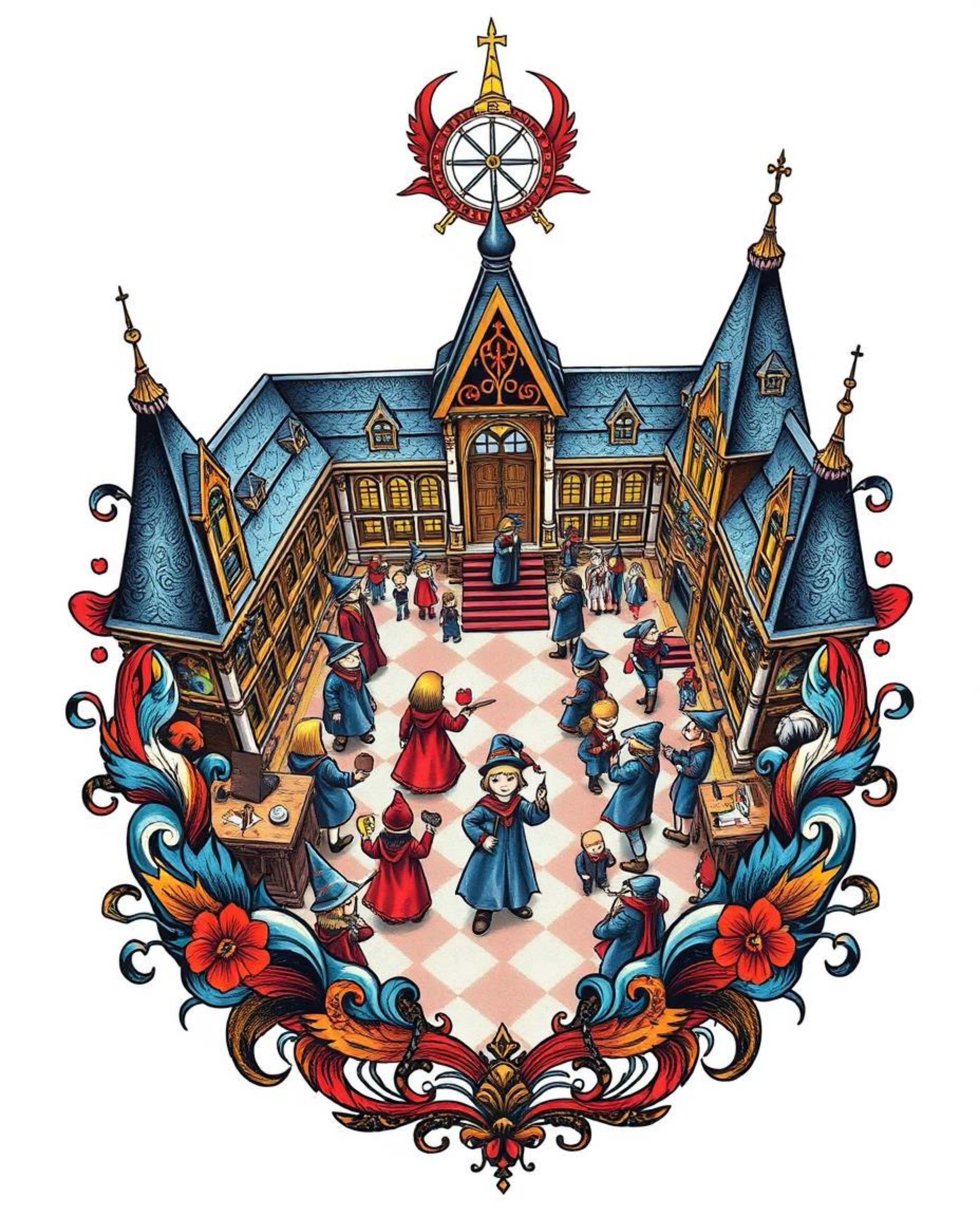 Immerse yourself in a high-angle perspective view of a traditional tattoo art print showcasing a magical school bustling with