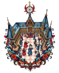 Immerse yourself in a high-angle perspective view of a traditional tattoo art print showcasing a magical school bustling with