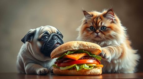 A playful pug and a fluffy Persian cat engage in a hilarious battle over a giant sandwich.  The scene is bathed in hazy, soft