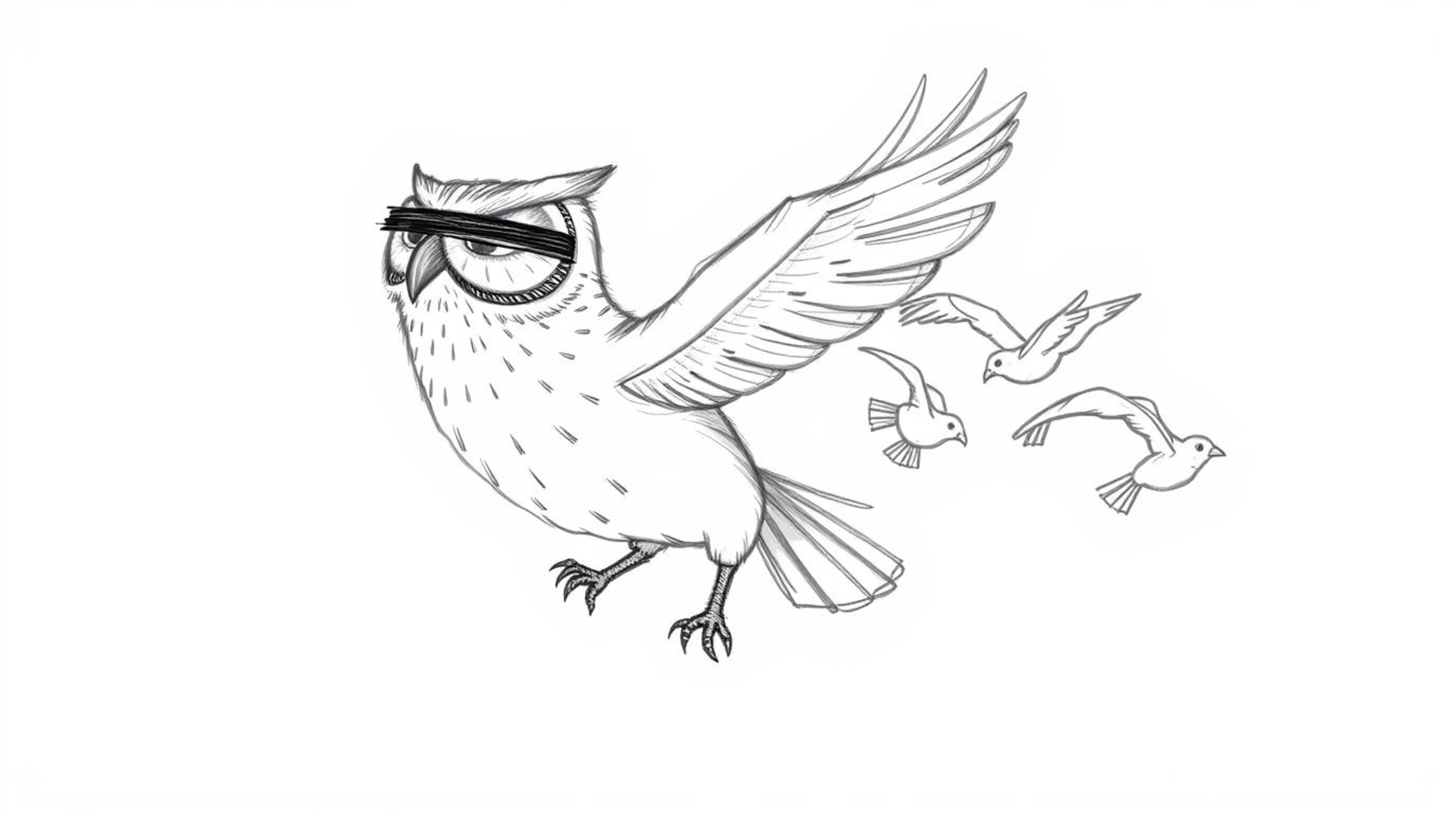 A heartwarming hand-drawn sketch in a Pixar style showcases a blind owl with endearing facial expressions, guiding a flock of